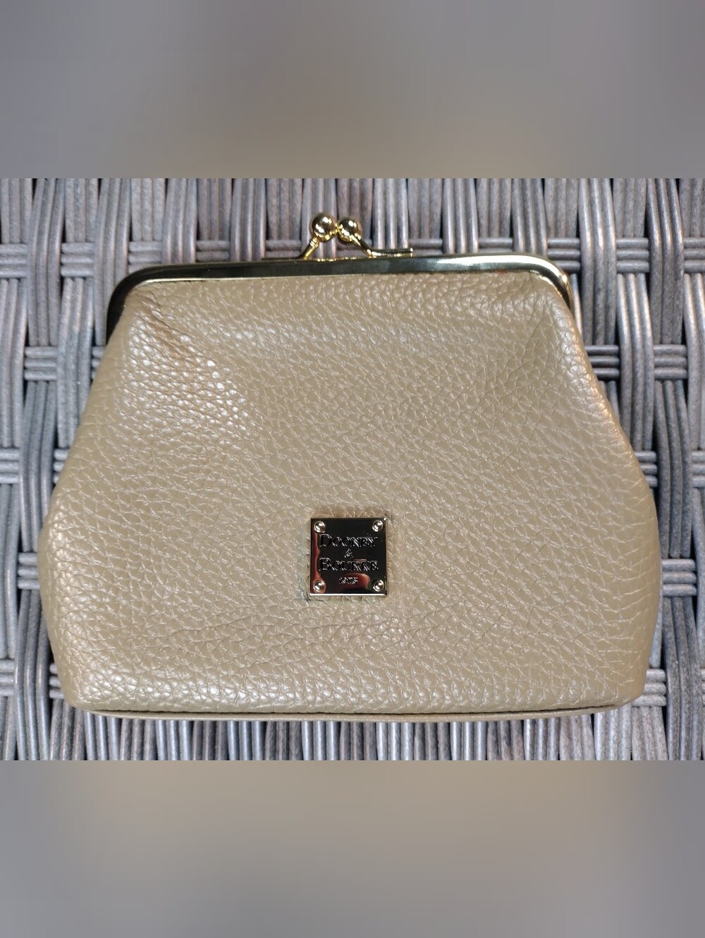 Dooney & Bourke Beige Leather Kiss-Lock Clutch with Gold Hardware
